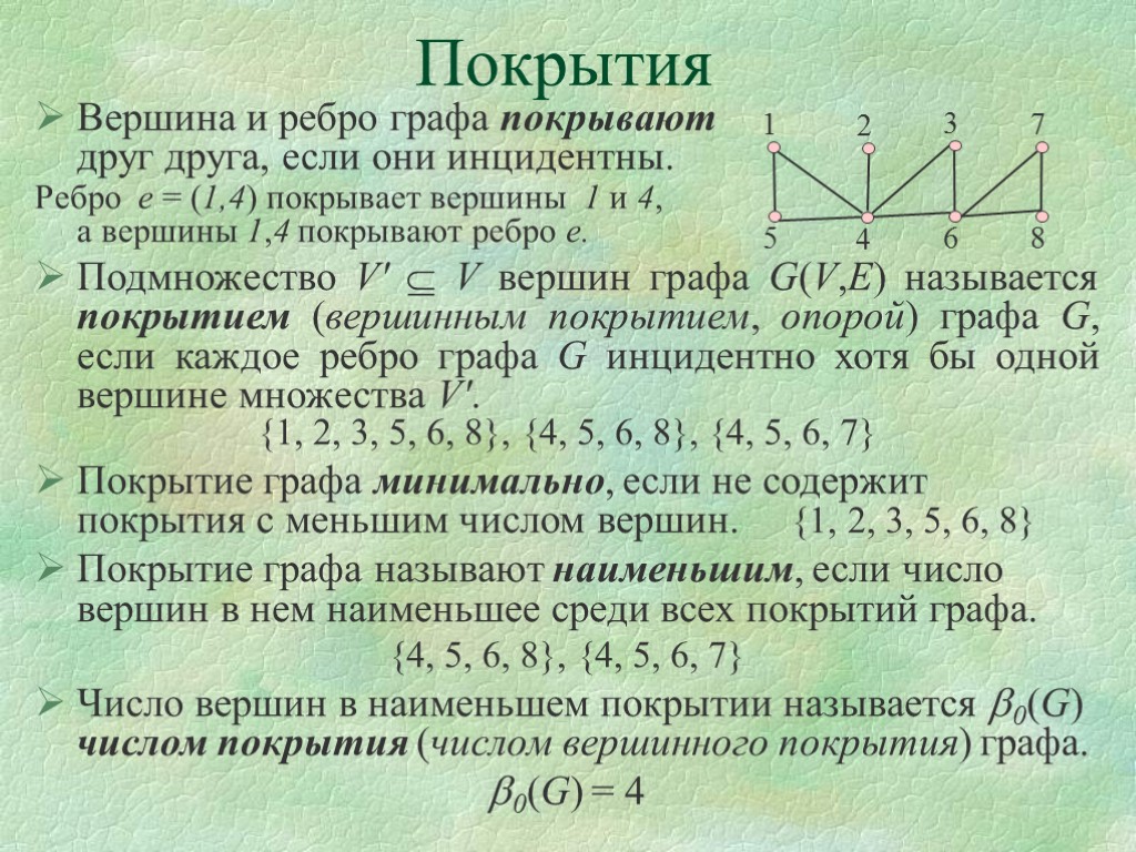 Покрытия Вершина и ребро графа покрывают друг друга, если они инцидентны. Ребро e =